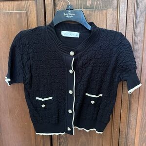 Black Short Sleeve sweater Cardigan with cream Trim